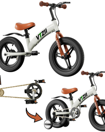 VTZII Balance Bike 2 in 1 with Pedals Brake Training Wheels Kickstand Pneumatic tyre,for Kids 2-7 Years Old,Kids Bike 12 14 16 inch (White, 14 inch)