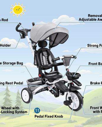 Babevy Baby Tricycle, 7 in 1 Folding Toddler tricycle w/Removable Adjustable Push Handle, Canopy, Rotatable Seat, Safety Harness, Cup Holder & Storage, Trike for 1-5 Year Old (Gray)