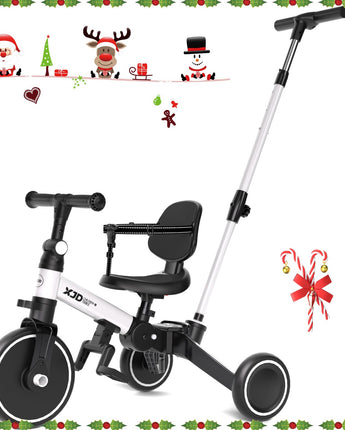 XJD Toddler Bike, 6 in 1 Folding Toddler Tricycle for 1-4 Year Old with Push Handle, Balance Bike with Removable Pedal,Backrest, Adjustable Seat Height and Handle, First Birthday Gifts (White)